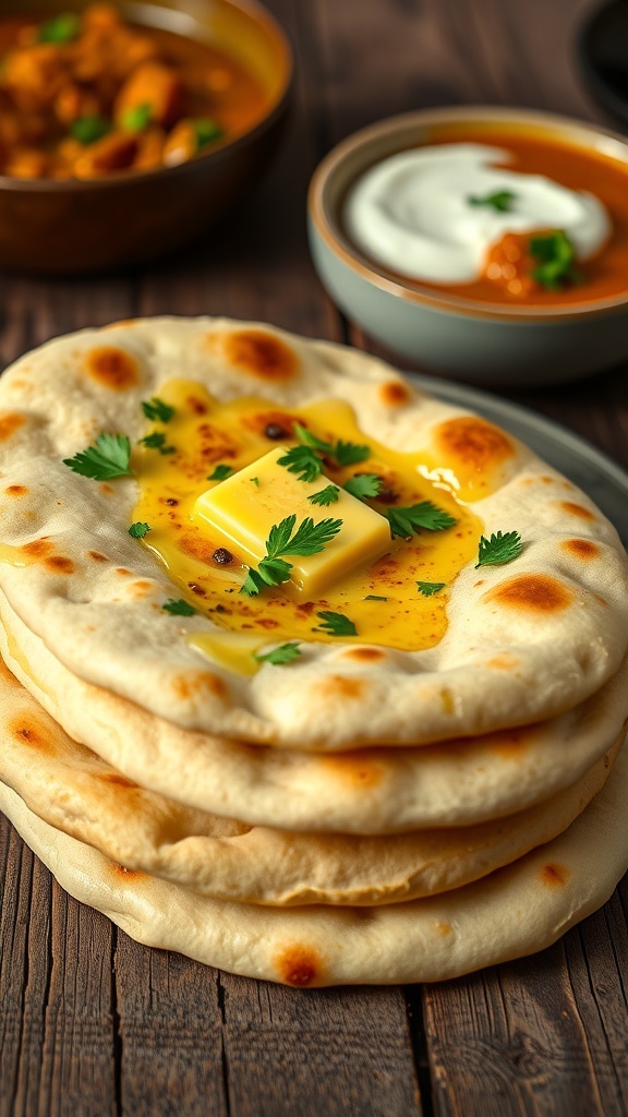 Soft Butter Naan Recipe A stack of golden butter naan garnished with cilantro, served with curry and yogurt sauce.